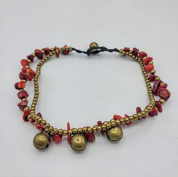Coral Color Red Stone Chip Anklet Double Strand Gold Tone Beads Jingle Bells 11" - Picture 11 of 11